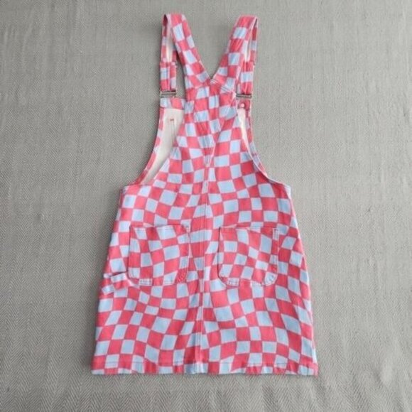Forever 21 Denim Bib Overall Dress Women's Small Pink and Gray Checkerboard - Picture 2 of 10